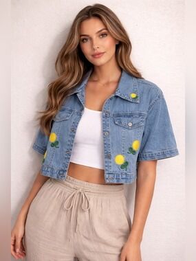 Vintage cropped jean jacket with embroidered sunflowers cottagecore granny